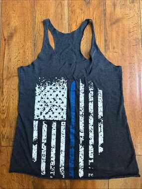 Bella Canvas Charcoal Racerback Tank with Blue Accent Flag